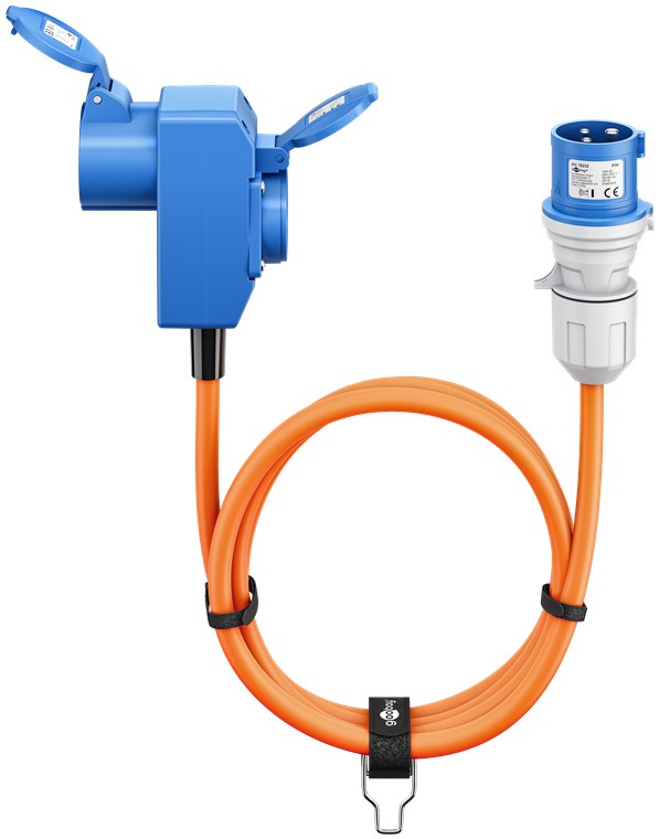 CEE-adapterkabel, CEE-hann til 90° CEE-hunn og uttak med jord, 5 m