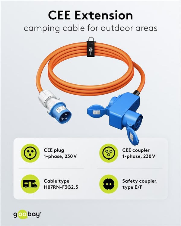 CEE-adapterkabel, CEE-hann til 90° CEE-hunn og uttak med jord, 5 m