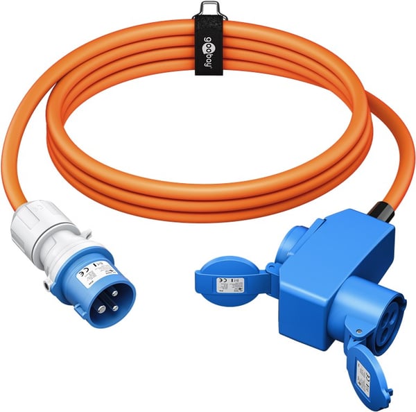CEE-adapterkabel, CEE-hann til 90° CEE-hunn og uttak med jord, 5 m