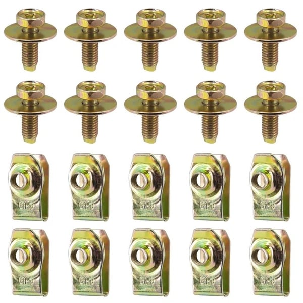 U-formet mutterklips i karbonstål kompatibel med M6 bolter, 10 sett per pakke, for bilpanser og støtfangerfeste 10-pack