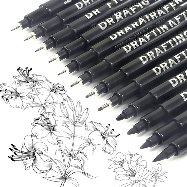 Precision Fineliner -kynäsarja - 9 mustaa kynää piirtämiseen