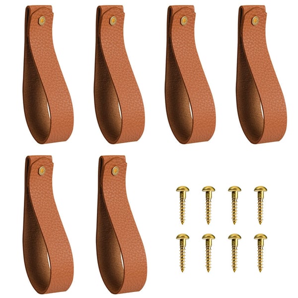 Sett med 6 brune PU-skinn veggkroker - Dekorative hengestropper med messing skruer Brown