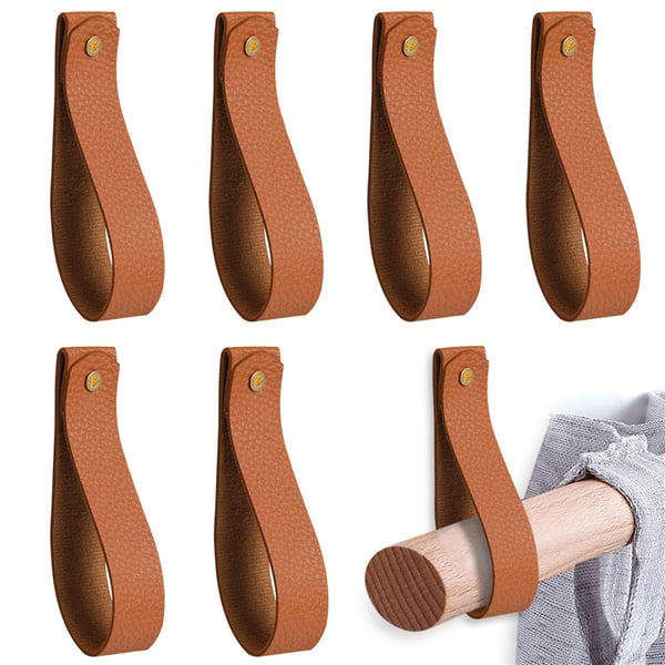Sett med 6 brune PU-skinn veggkroker - Dekorative hengestropper med messing skruer Brown