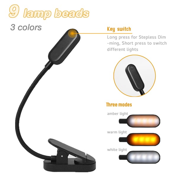Svart Boklampa - LED Clip-on Läslampa för Studenter Black