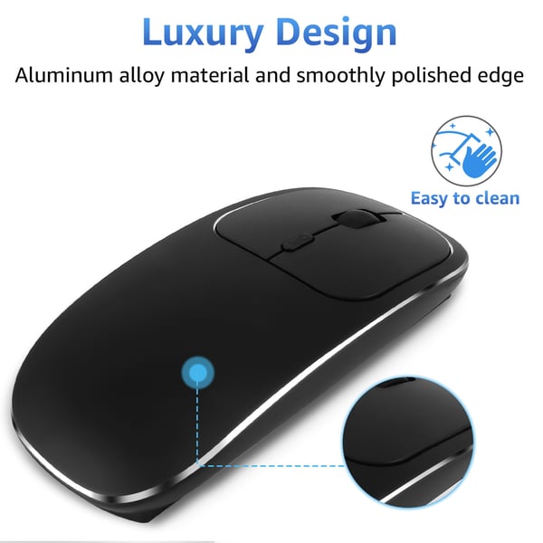 Stille Trådløs Optisk Mus med Bluetooth 5.0 og 2.4GHz USB - Ergonomisk Design og Justerbar DPI Black