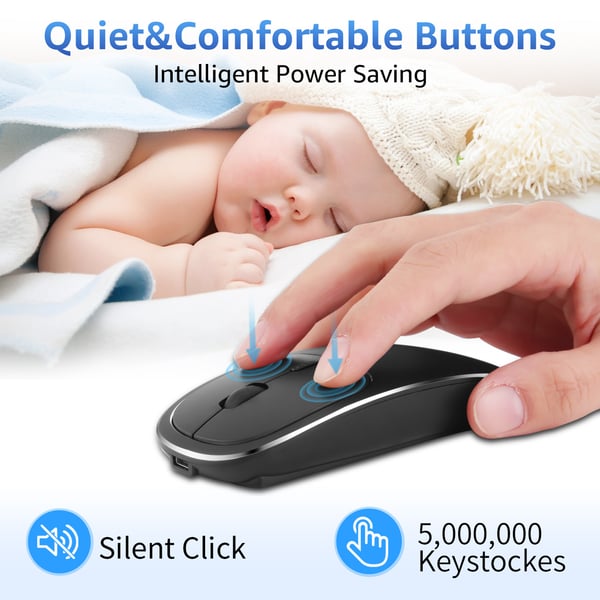 Stille Trådløs Optisk Mus med Bluetooth 5.0 og 2.4GHz USB - Ergonomisk Design og Justerbar DPI Black