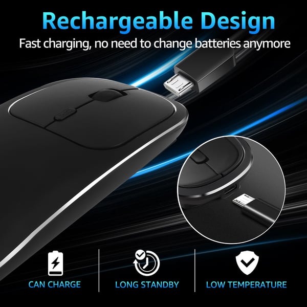 Stille Trådløs Optisk Mus med Bluetooth 5.0 og 2.4GHz USB - Ergonomisk Design og Justerbar DPI Black