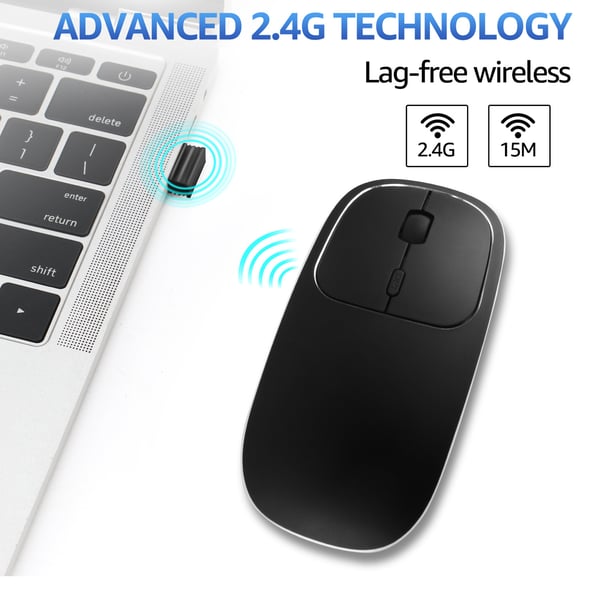 Stille Trådløs Optisk Mus med Bluetooth 5.0 og 2.4GHz USB - Ergonomisk Design og Justerbar DPI Black