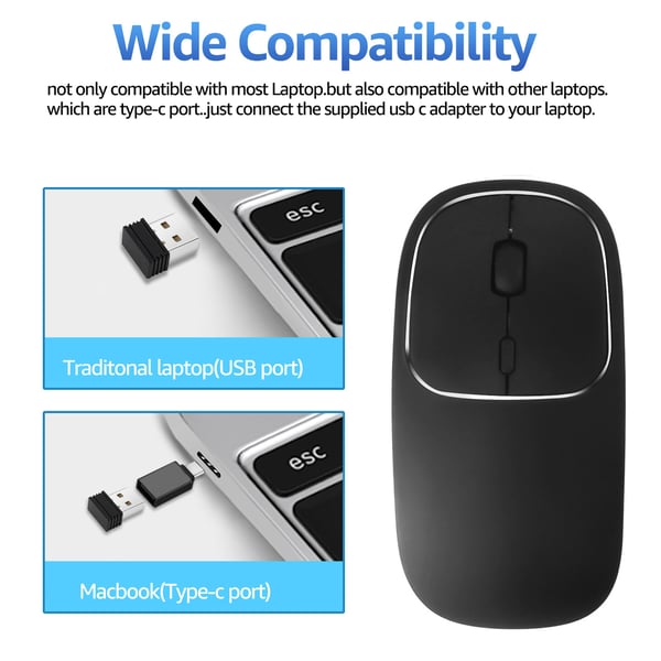 Stille Trådløs Optisk Mus med Bluetooth 5.0 og 2.4GHz USB - Ergonomisk Design og Justerbar DPI Black