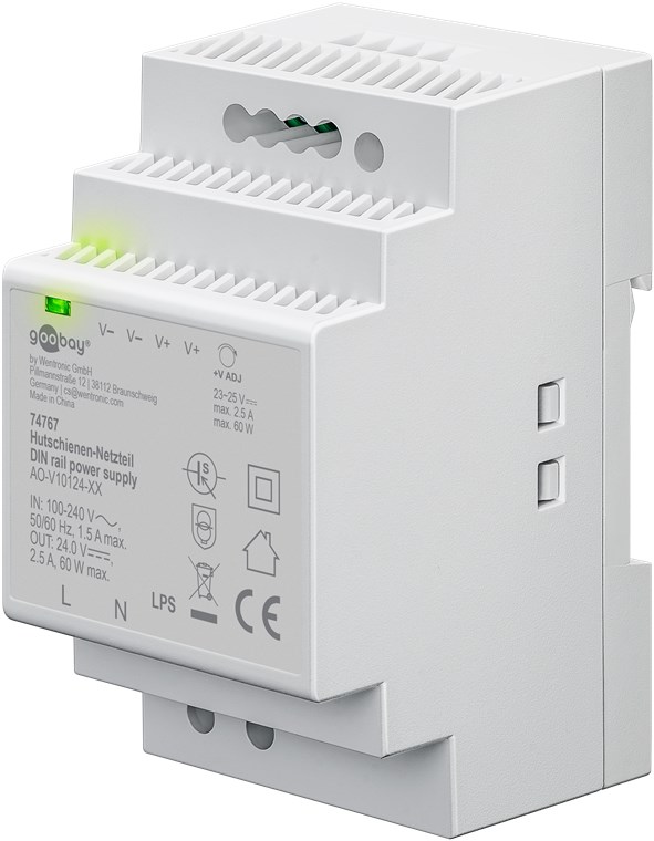 DIN-kiskoon asennettava virtalähde 24 V (DC), 2,5 A, 60 W