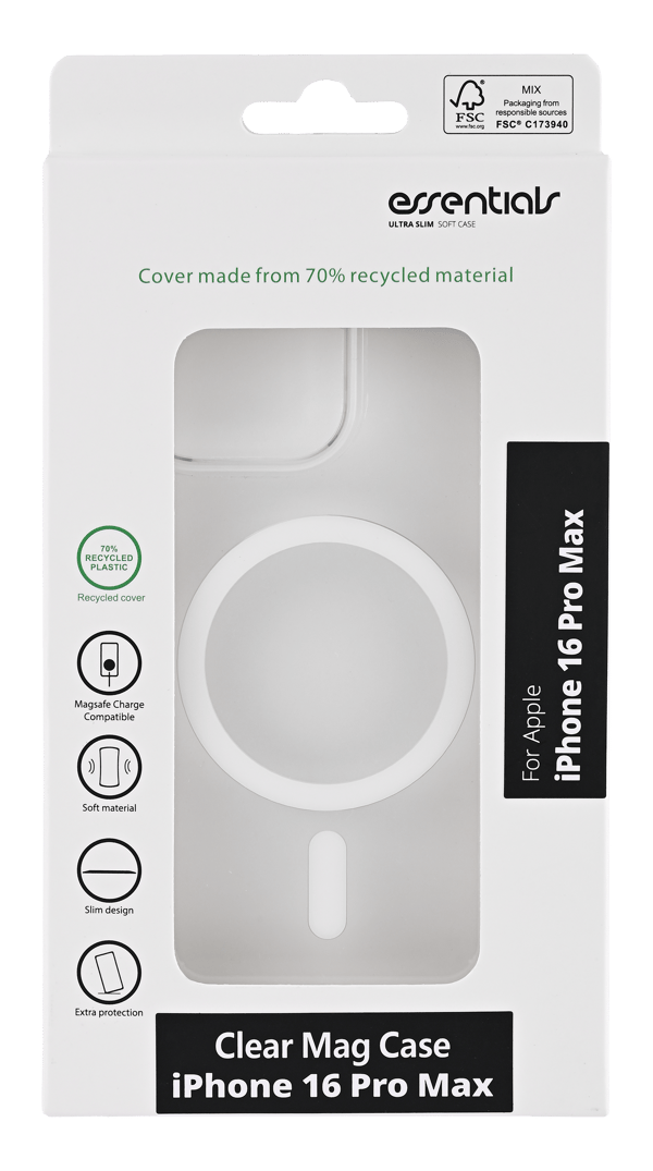 iPhone 16 Pro Max resirkulert, klart bakdeksel, mag, gjennomsiktig.