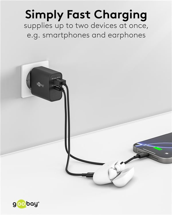 USB-C™ PD GaN dobbelt hurtigoplader (30 W) sort