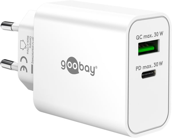 USB-C™ PD GaN dobbelt hurtigoplader (30 W) hvid