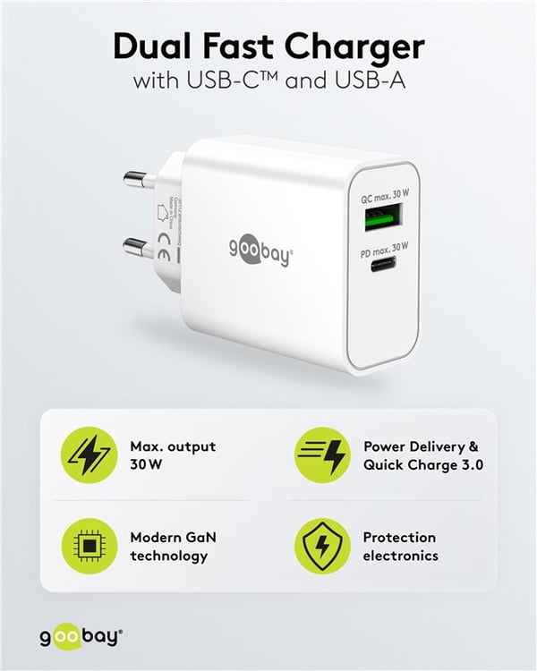 USB-C™ PD GaN dobbelt hurtigoplader (30 W) hvid