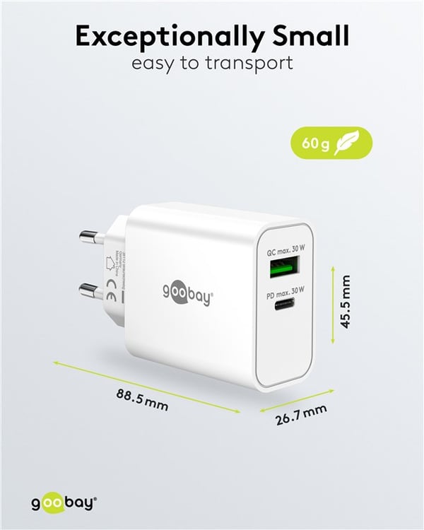 USB-C™ PD GaN dobbelt hurtigoplader (30 W) hvid
