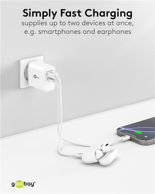 USB-C™ PD GaN dobbelt hurtigoplader (30 W) hvid