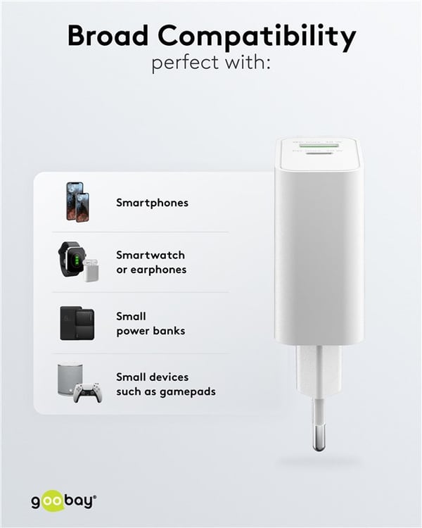 USB-C™ PD GaN dobbelt hurtigoplader (30 W) hvid