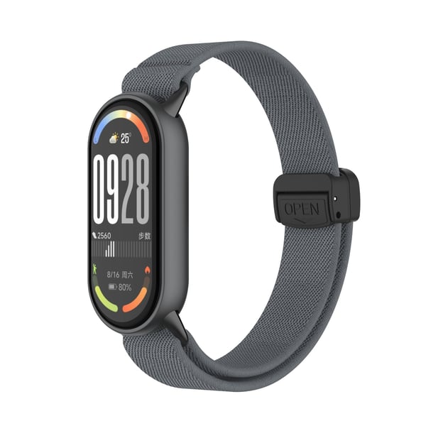 Metallipäinen magneettisoljellinen punottu joustava ranneke compatible with Xiaomi 10/9/8 -sarjalle, harmaa DarkGrey