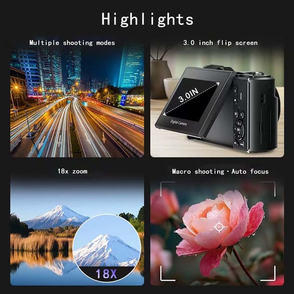 4K Vlog Micro Single-kamera med roterande skärm – 75 MP, 18x zoom, vit Black