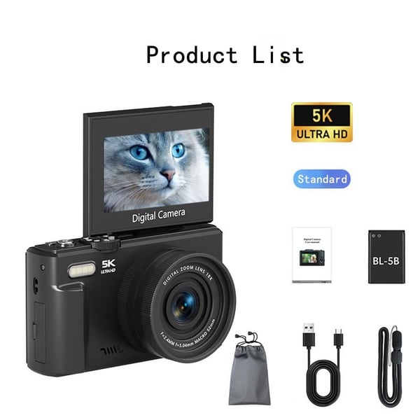 4K Vlog Micro Single-kamera med roterande skärm – 75 MP, 18x zoom, vit Black