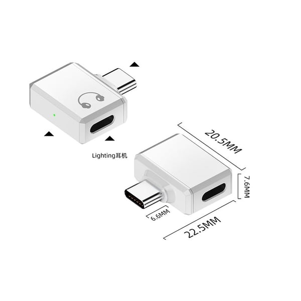Lightning (naaras) - Type-C (uros) -sovitin, jossa sivuttaistaivutus - Ääni ja lataus White