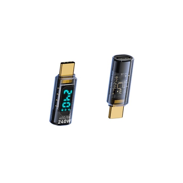 240W USB-C hun til USB-C han adapter med digitalt display - Gennemsigtig sort (2 stk)
