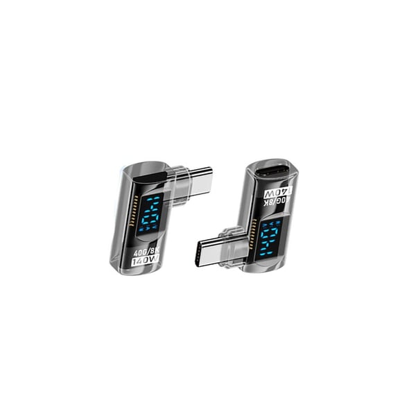 140W USB-C Hun til USB-C Han Adapter med Digital Display - Transparent Sort, Sidebøjet (2 stk)