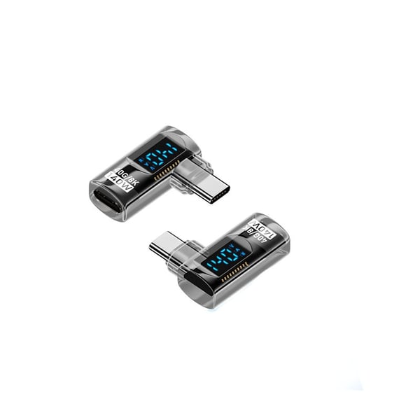 140W USB-C Hun til USB-C Han Adapter med Digital Display - Transparent Sort, Sidebøjet (2 stk)