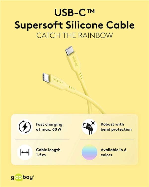 USB-C™-silikonikaapeli, 1,5 m, keltainen
