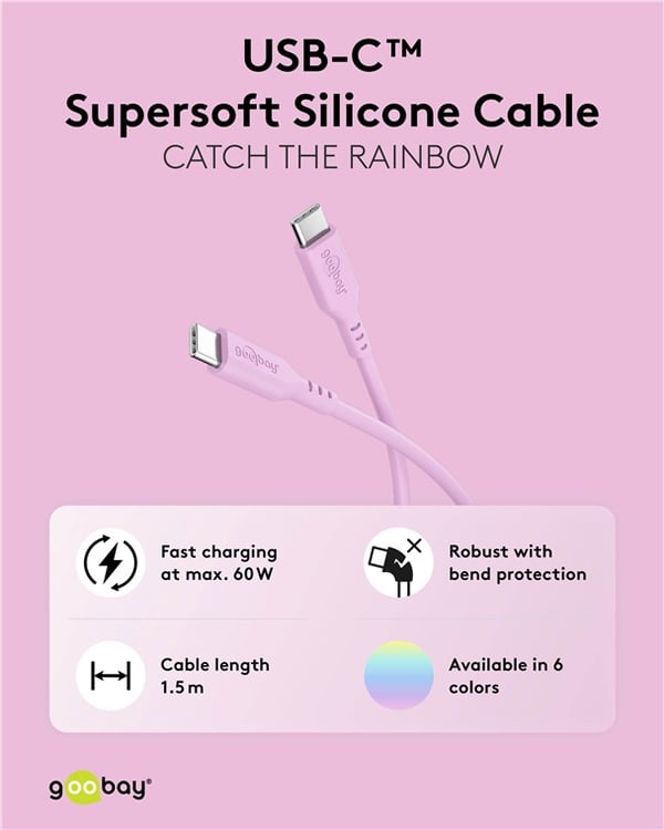 USB-C™-silikonikaapeli, 1,5 m, Vaaleanpunainen