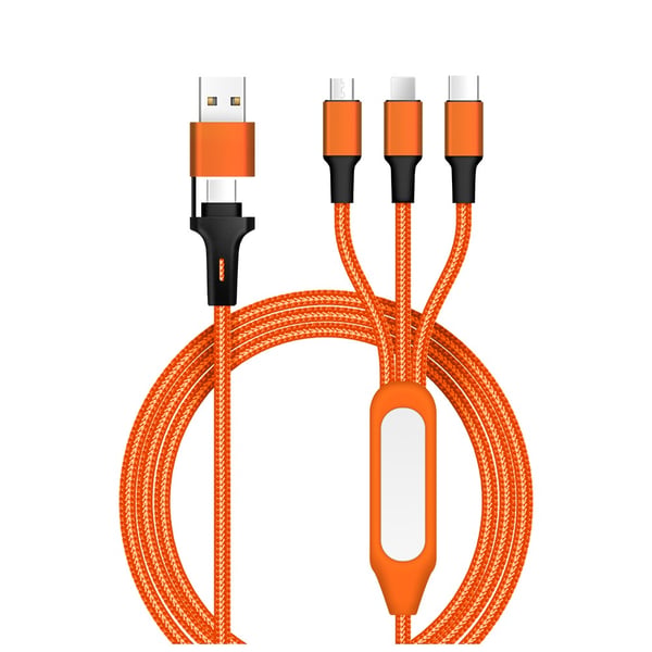 5-i-1 LED Nattlys Flettet Ladekabel - USB, Type-C, iOS og Android - 120cm Orange