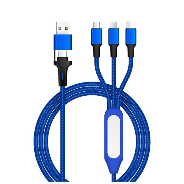 5-in-1 LED-yövalolla varustettu punottu latauskaapeli - USB, Type-C, iOS ja Android -laitteille Blue