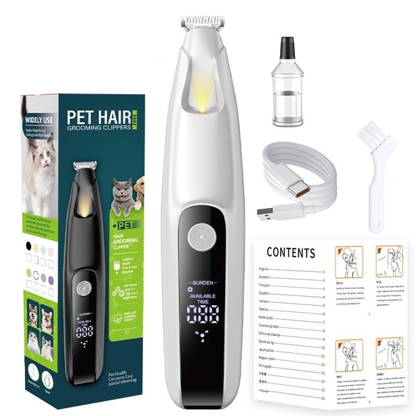 Tystgående LED-belyst Pet Paws Hårtrimmer för hundar och katter - Uppladdningsbar, säker och enkel att använda White