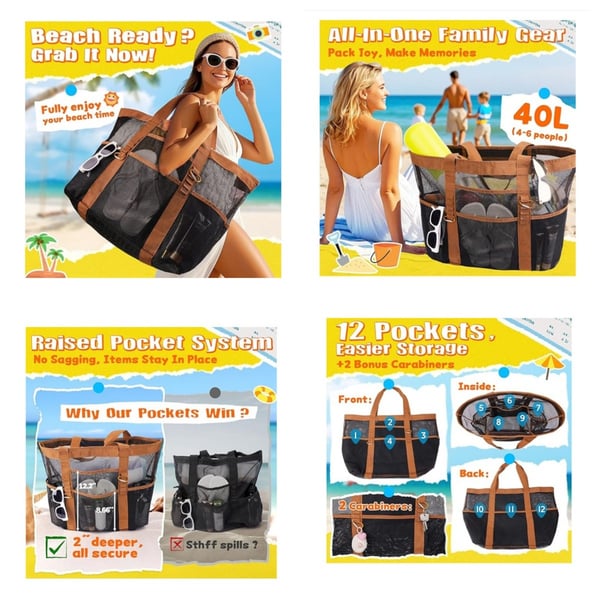 Stor strandveske i netting med plass til leker og badehåndklær - Perfekt for strand, basseng og ferie Black