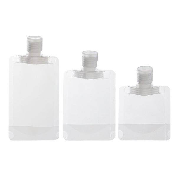 Matkakäyttöön sopivat täytettävät pussit 30ml, 50ml ja 100ml, läpinäkyvä PEL-materiaali, yhteensopiva kosmetiikan ja hoitotuotteiden kanssa