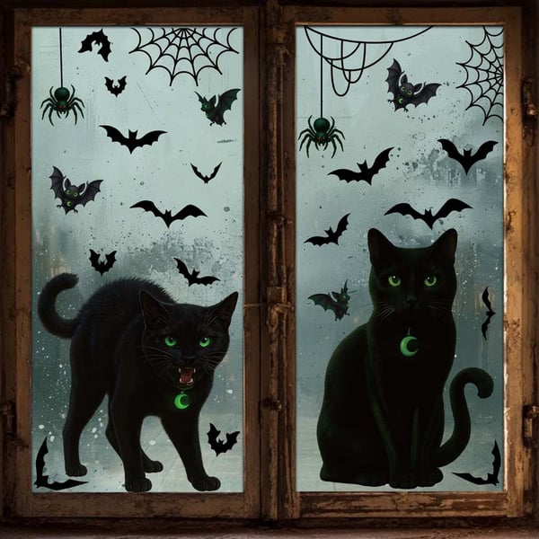 Musta kissa ja lepakko - staattinen lasitarra - 2 kpl, Halloween-koriste Musta kissa ja lepakko - staattinen lasitarra - 2 kpl, Halloween-koriste