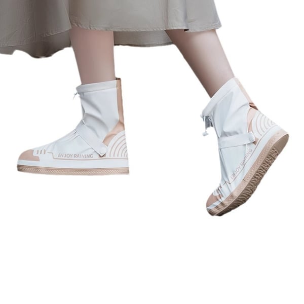 Puolipohkeenkorkuiset, paksut ja liukastumista estävät sadesuojat - Vedenpitävät PVC-kengänsuojat White+Pink S
