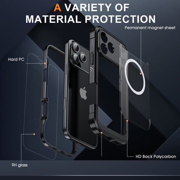 Oransje 9H herdet glass støtsikkert telefondeksel kompatibelt med iPhone 17 Pro, magnetisk trådløs lading
