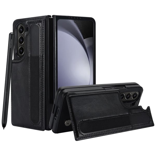 Kaksinkertainen hihna, kynäpaikka, korttipidike, taitettava suojakotelo, yhteensopiva Samsung Z Fold 3:n kanssa - Musta