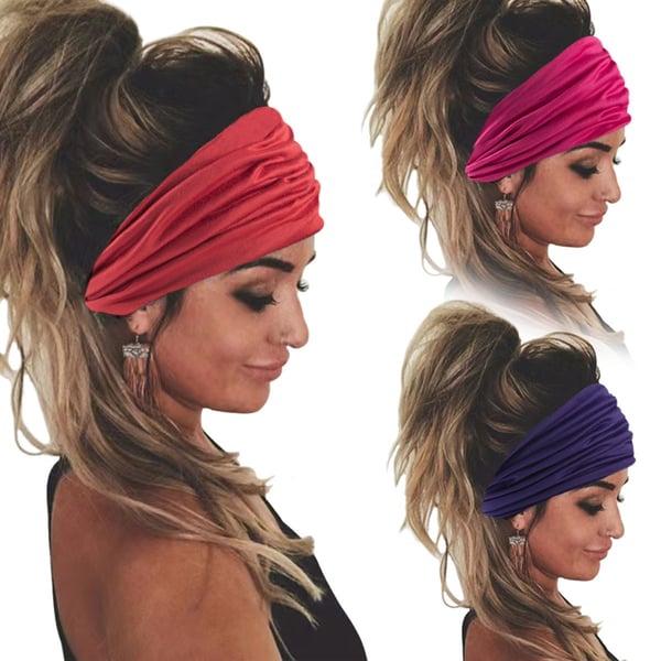 3-pack enfärgade elastiska sportpannband - Breda yoga svettband för kvinnor red+rose red+purple