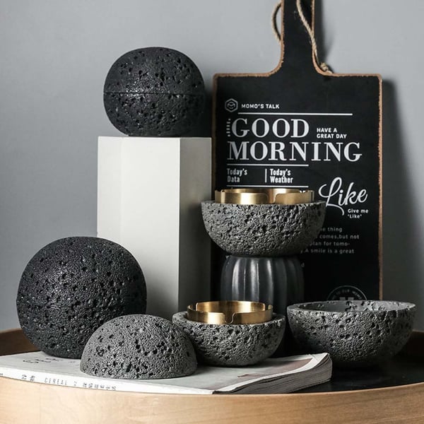 Kreativt askebeger i nordisk stil - Moderne askebeger i sement og rustfritt stål med lokk Black L