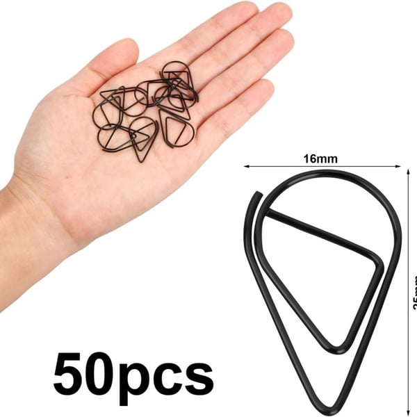 Vesipisaran Muotoiset Paperiliittimet - 50 kpl Sinkkiseosta Minikokoisia Luovia Paperiliittimiä Toimisto- ja Tiedostojen Järjestämiseen Black