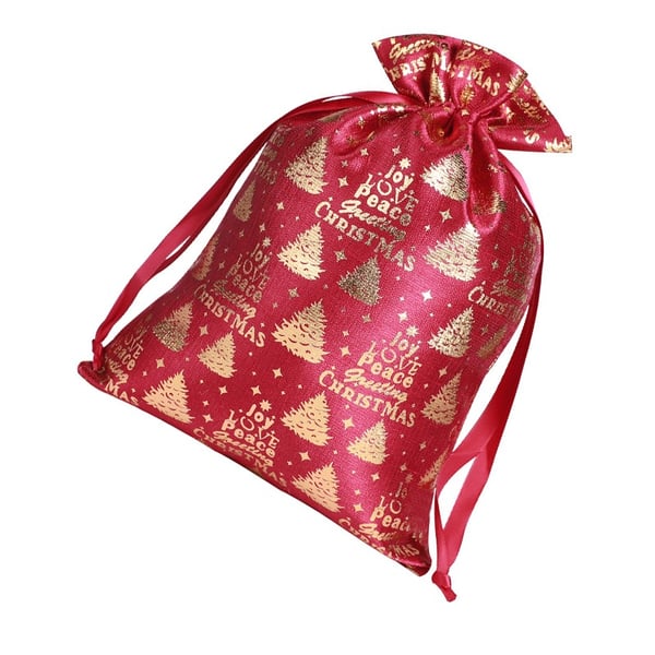 Julebomullsvesker med snøring 20x30cm (2-pakning) - Gullstemplede festlige gaveposer