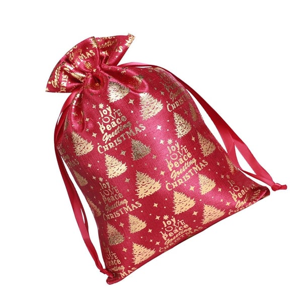 Julebomullsvesker med snøring 20x30cm (2-pakning) - Gullstemplede festlige gaveposer
