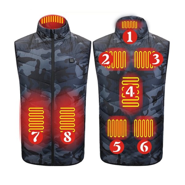 Camouflage-lämmitetty liivi kahdeksalla alueella ja yhdellä ohjaimella - USB-virta, 3 lämpötilatasoa M