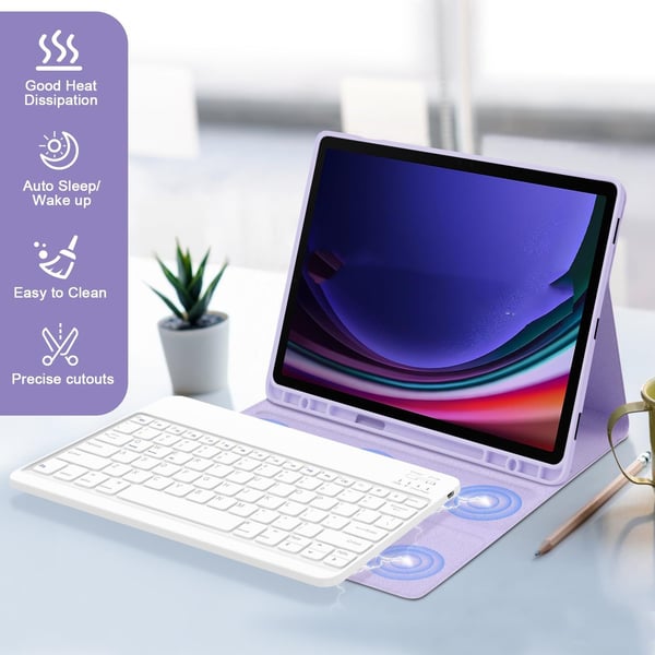 Lilla Bluetooth-tastaturveske med tastatur kompatibelt med Samsung Galaxy Tab S9/S9 FE/S10 (10,9 tommer)