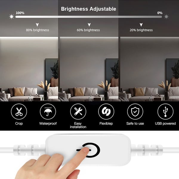 6500K Vit Neon LED Strip Ljus - Touch Dimbar, USB-driven med Självhäftande Baksida 5 m