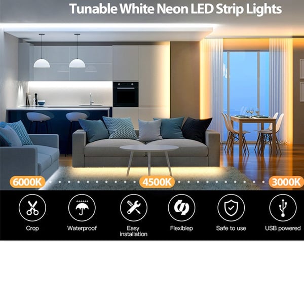 6500K Vit Neon LED Strip Ljus - Touch Dimbar, USB-driven med Självhäftande Baksida 5 m