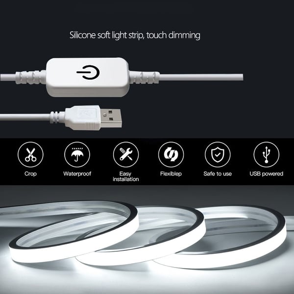 6500K Vit Neon LED Strip Ljus - Touch Dimbar, USB-driven med Självhäftande Baksida 5 m
