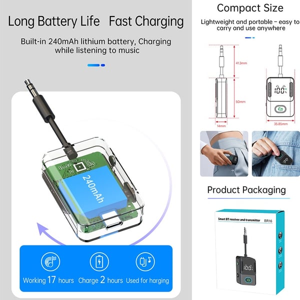 Bluetooth 5.3 Sender Mottaker, 2-i-1 Bil Bluetooth Adapter med Lang Batterilevetid og Dobbel Enhetstilkobling